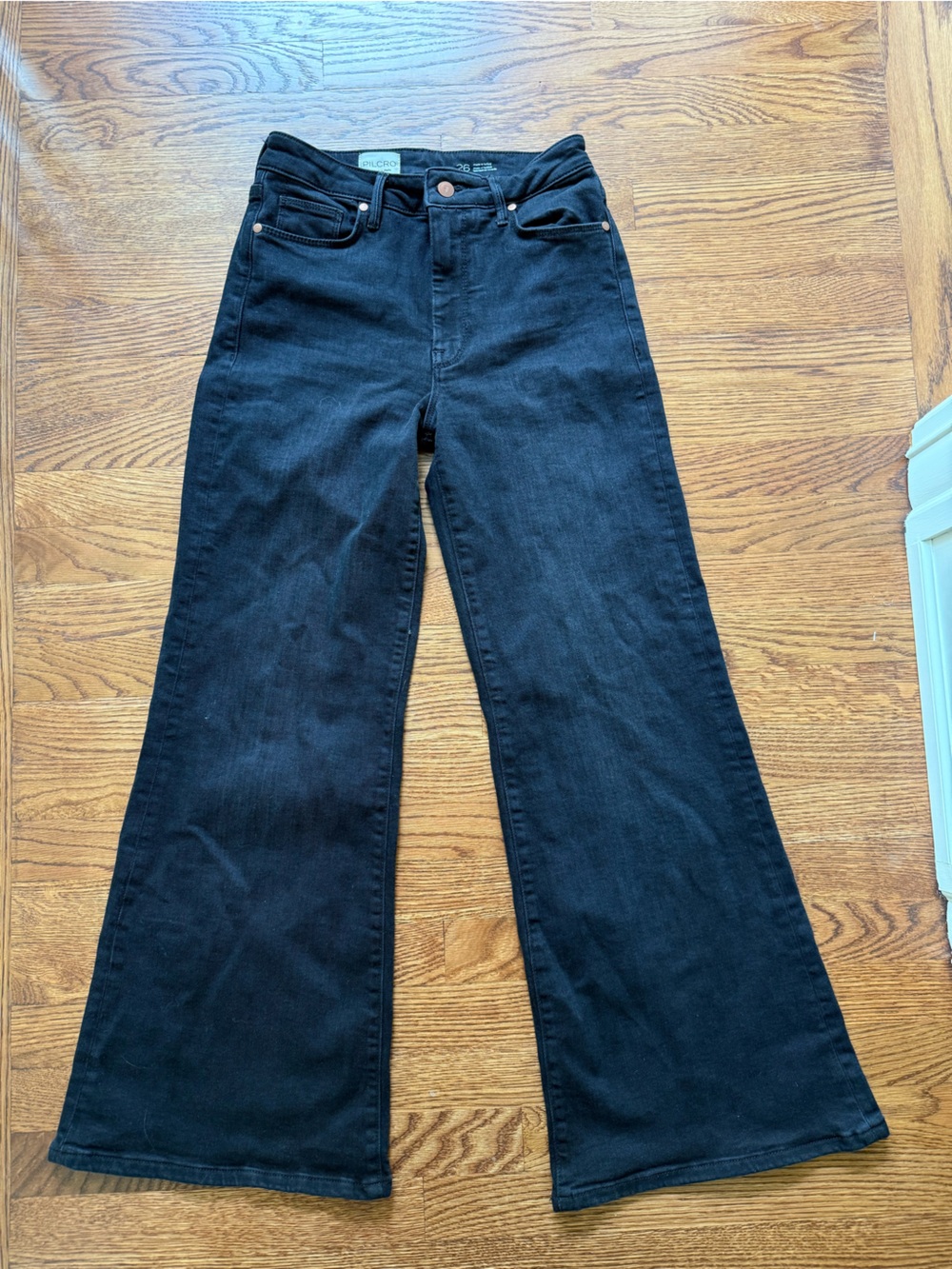 PILCRO‎ Anthropologie Black Denim Jeans Wide Leg Flared Baggy Grunge Goth 26